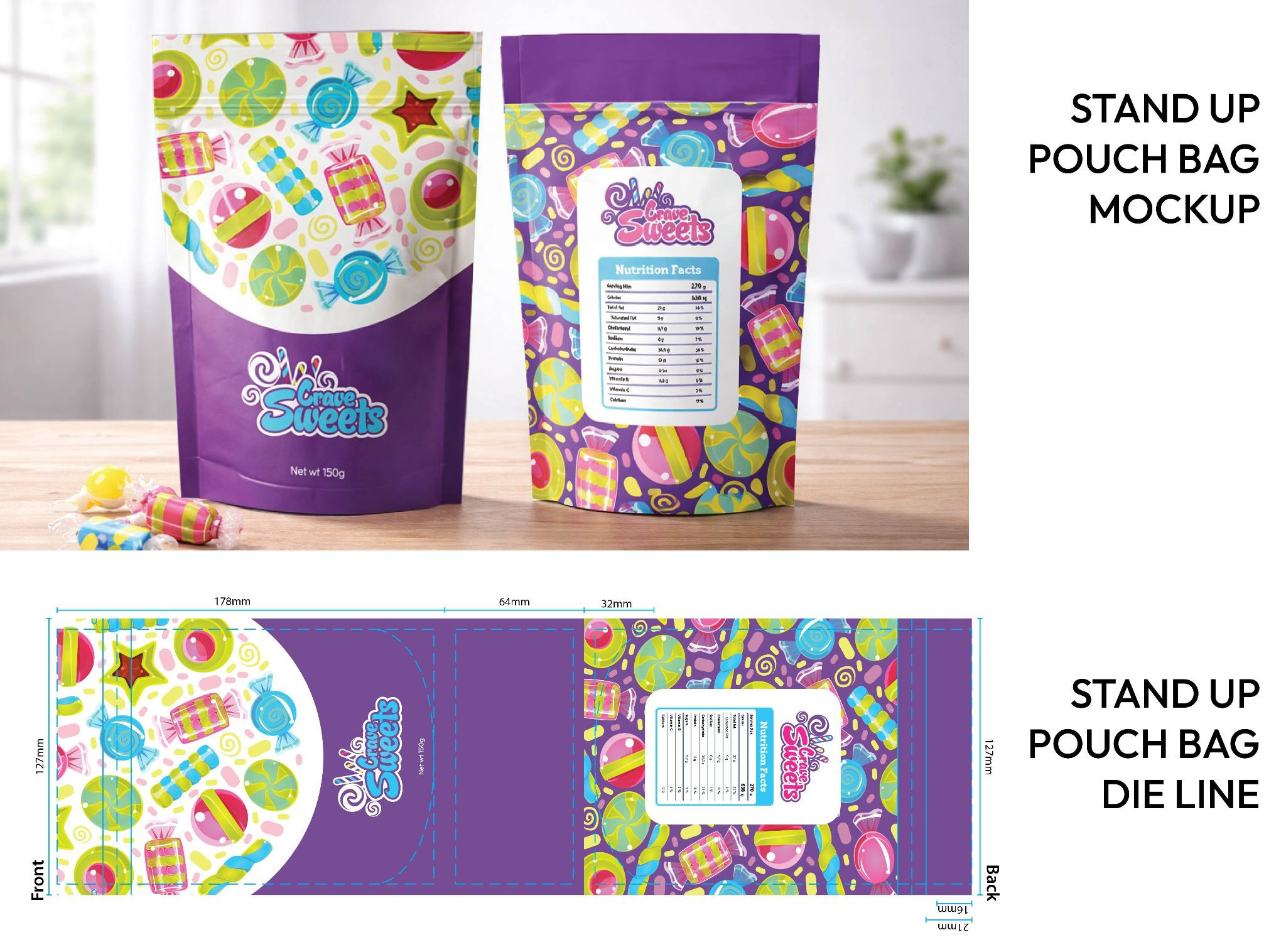 Custom printed stand up pouch mockup and die line for candy packaging with full color artwork