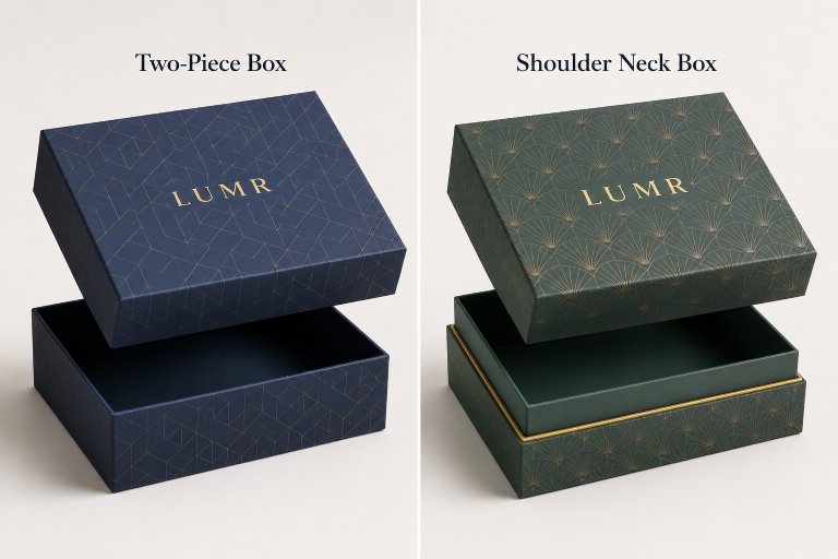 Rigid drawer box with colorful branding, gold foil logo, ribbon pull, and custom insert holding a premium perfume bottle.