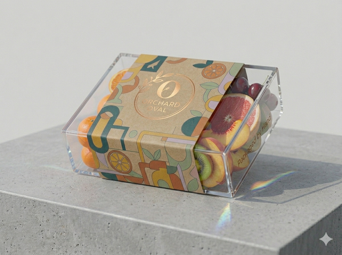 kraft paper sleeve packaging on plastic fruit container with minimalist branding