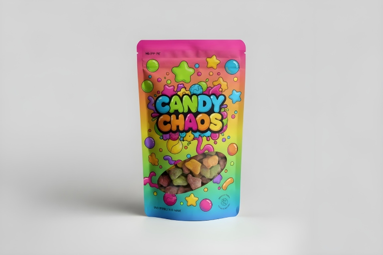 Custom-printed freeze-dried candy pouch with resealable zipper and window