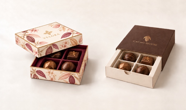 Custom chocolate packaging with a printed rigid box and a paperboard tray-and-sleeve box